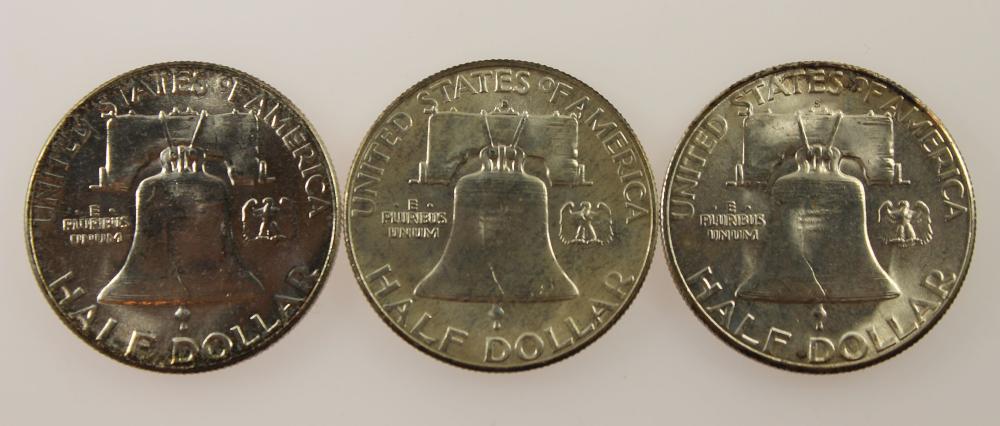 U.S.A. 1954, 1954 D & 1954 S 'Franklin' Silver (900) Half Dollars, Choice Uncirculated (3 coins)