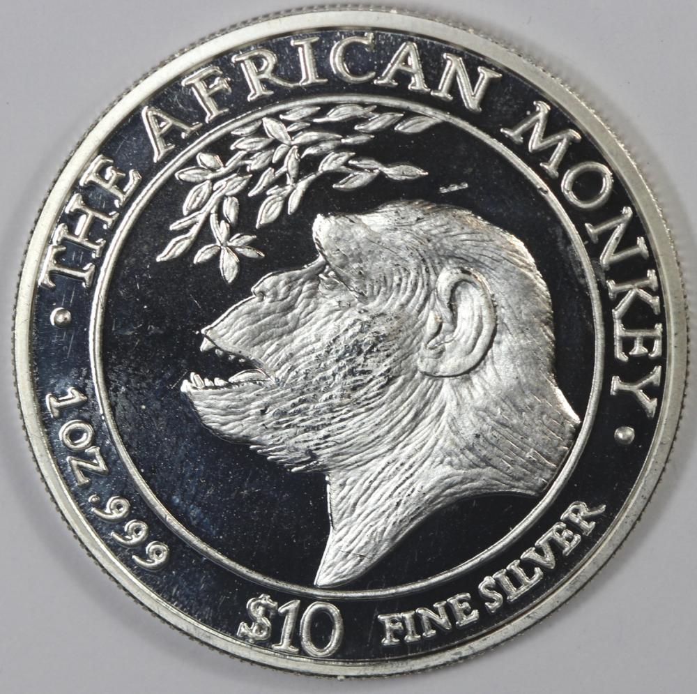 Somali Republic 1998 'African Monkey' Silver (999) Proof-like $10, near FDC