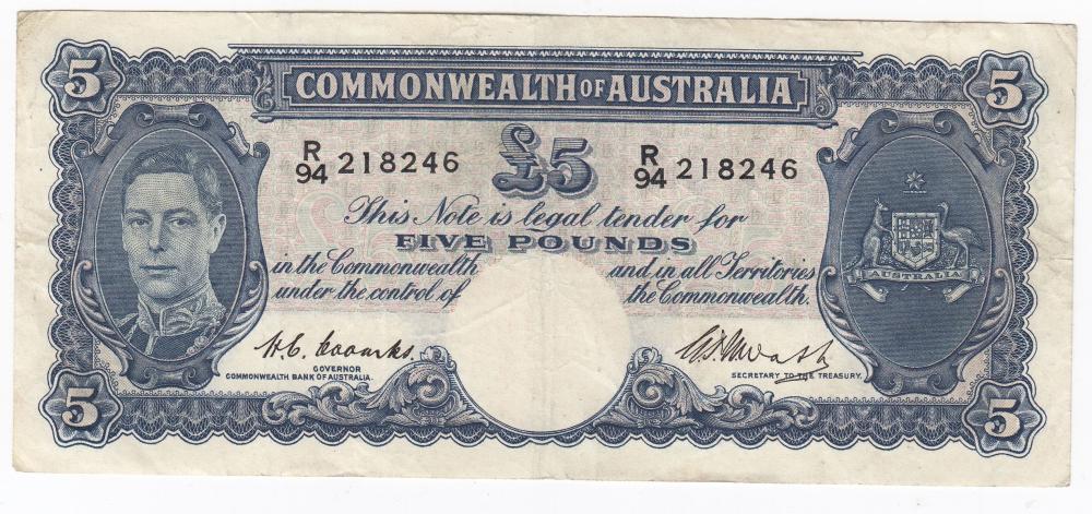 Australia 'Coombs - Watt' George VI £5 (1949), about Extremely Fine OPQ