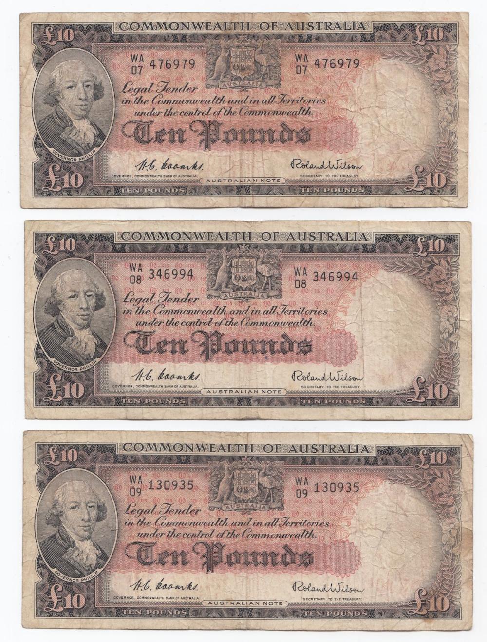 Australia 'Coombs - Wilson Commonwealth £10, Fine or better (3 notes)