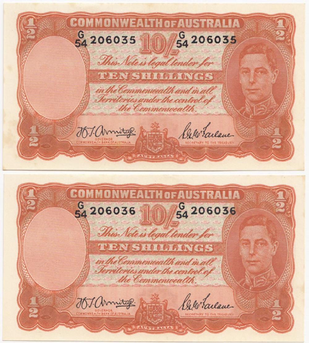 Australia 'Armitage - McFarlane' 10/- (1942), Uncirculated OPQ (Consecutive Pair)