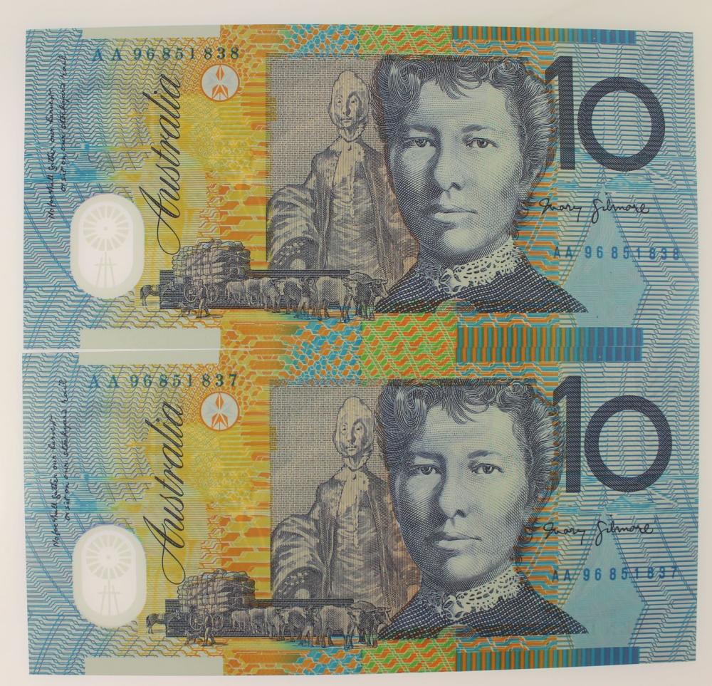 Australia 'Macfarlane - Evans' AA96 - First Prefix $10 (1996), Uncirculated (Consecutive Pair)