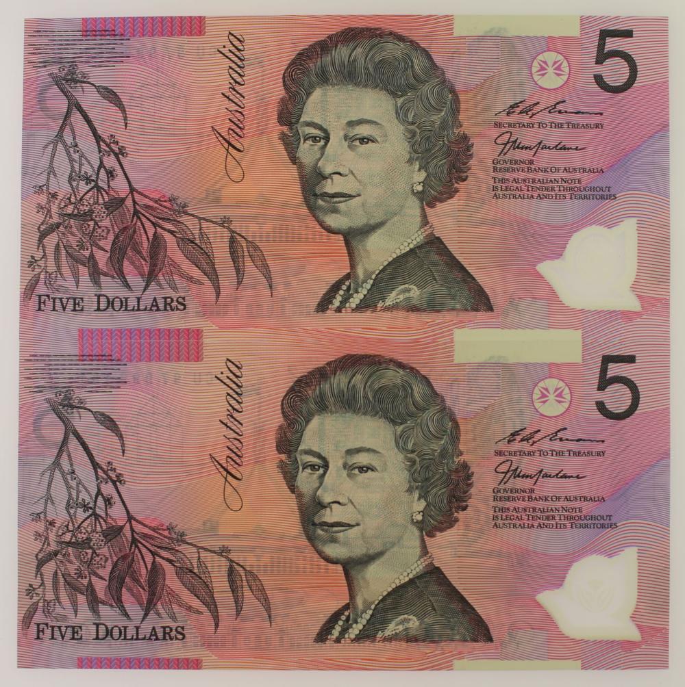 Australia 'Macfarlane - Evans' CU Prefix - Test Note $5 (1997), Uncirculated (Consecutive Pair)