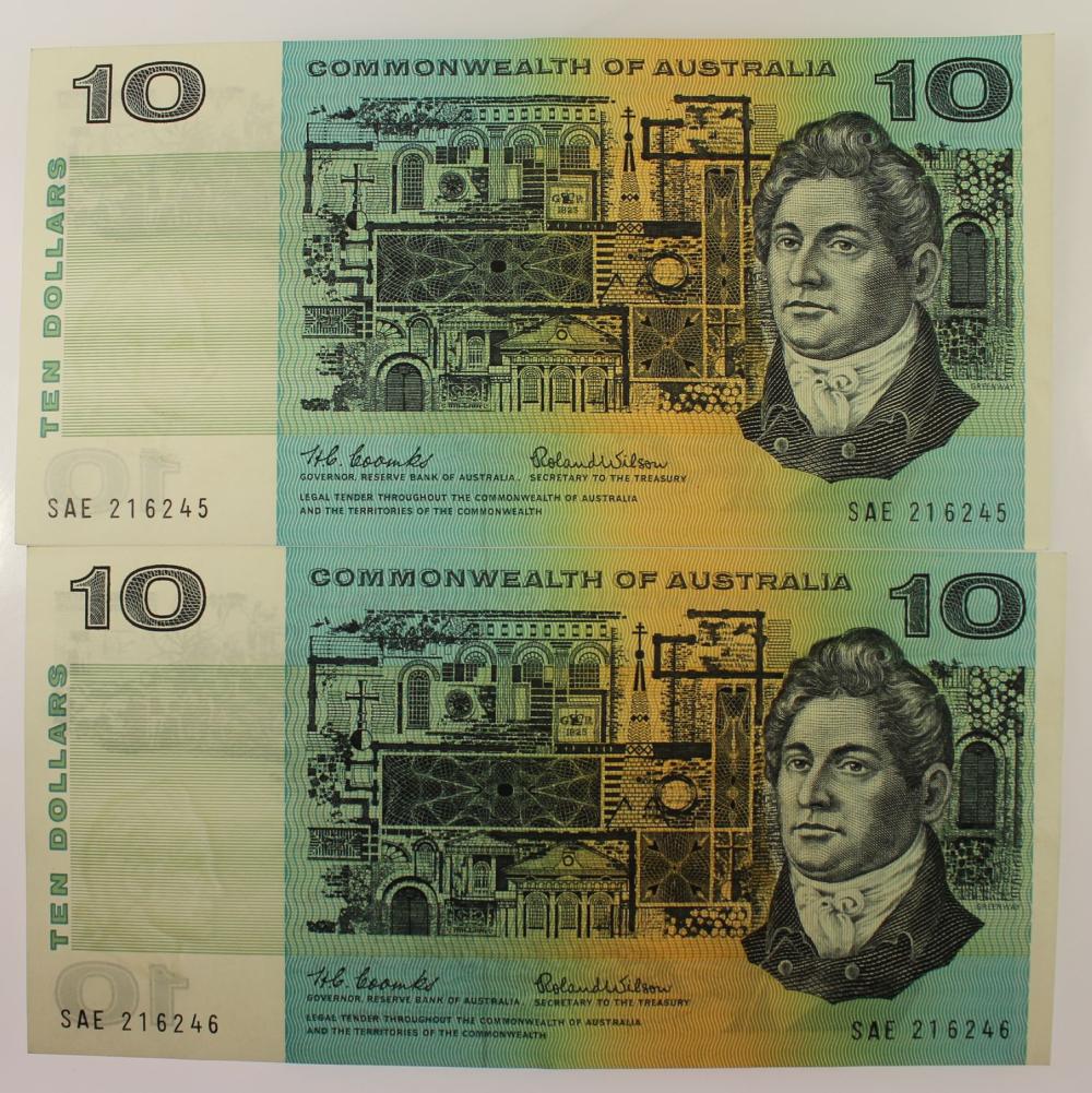 Australia 'Coombs - Wilson' C of A $10 (1966), about Uncirculated OPQ (Consecutive Pair)