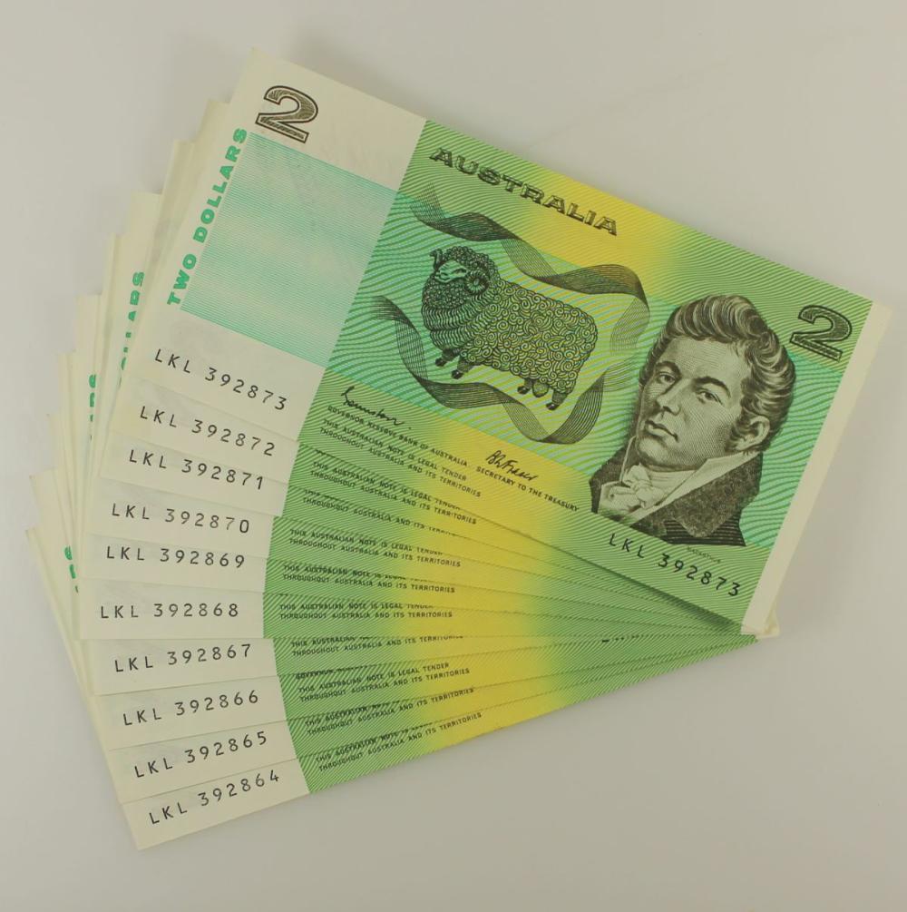 Australia 'Johnston - Fraser' $2's (1985), about Uncirculated (Run of 10)