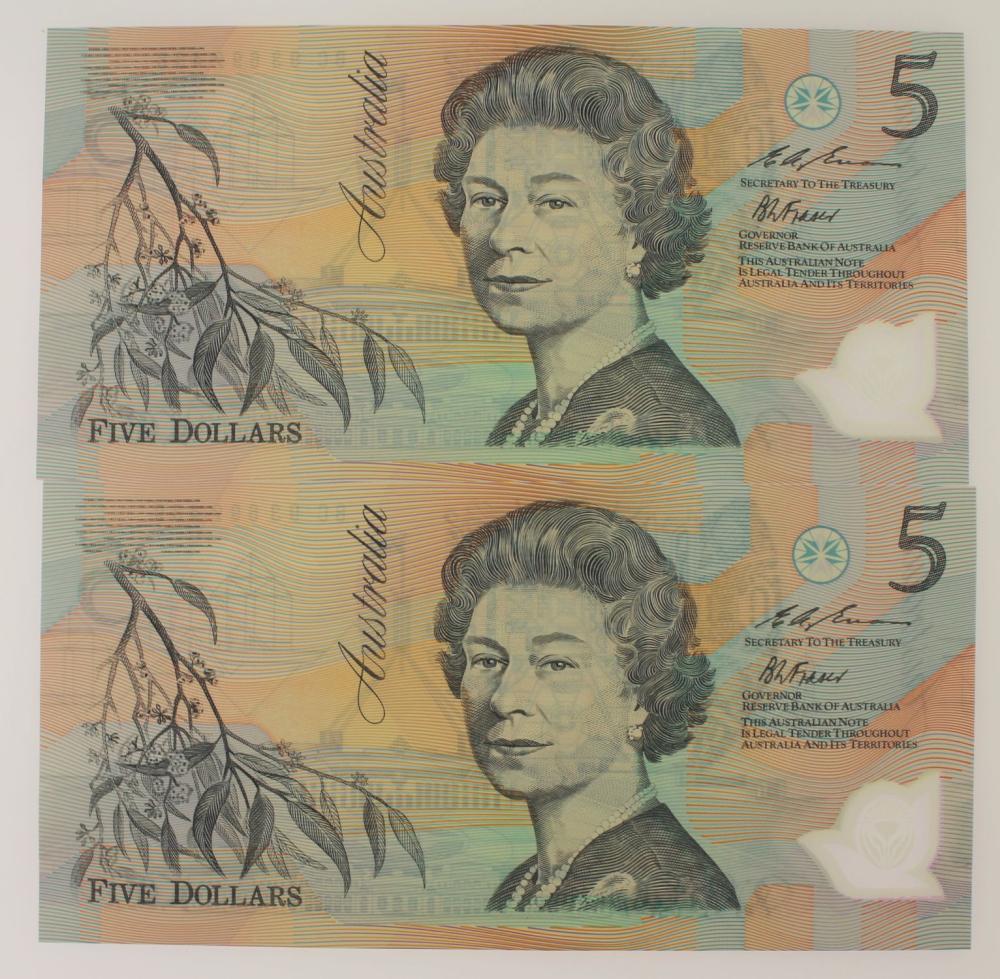 Australia 'Fraser-Evans' Mauve Colour - Pale Green Serial $5 (1993), Uncirculated (Consecutive Pair)