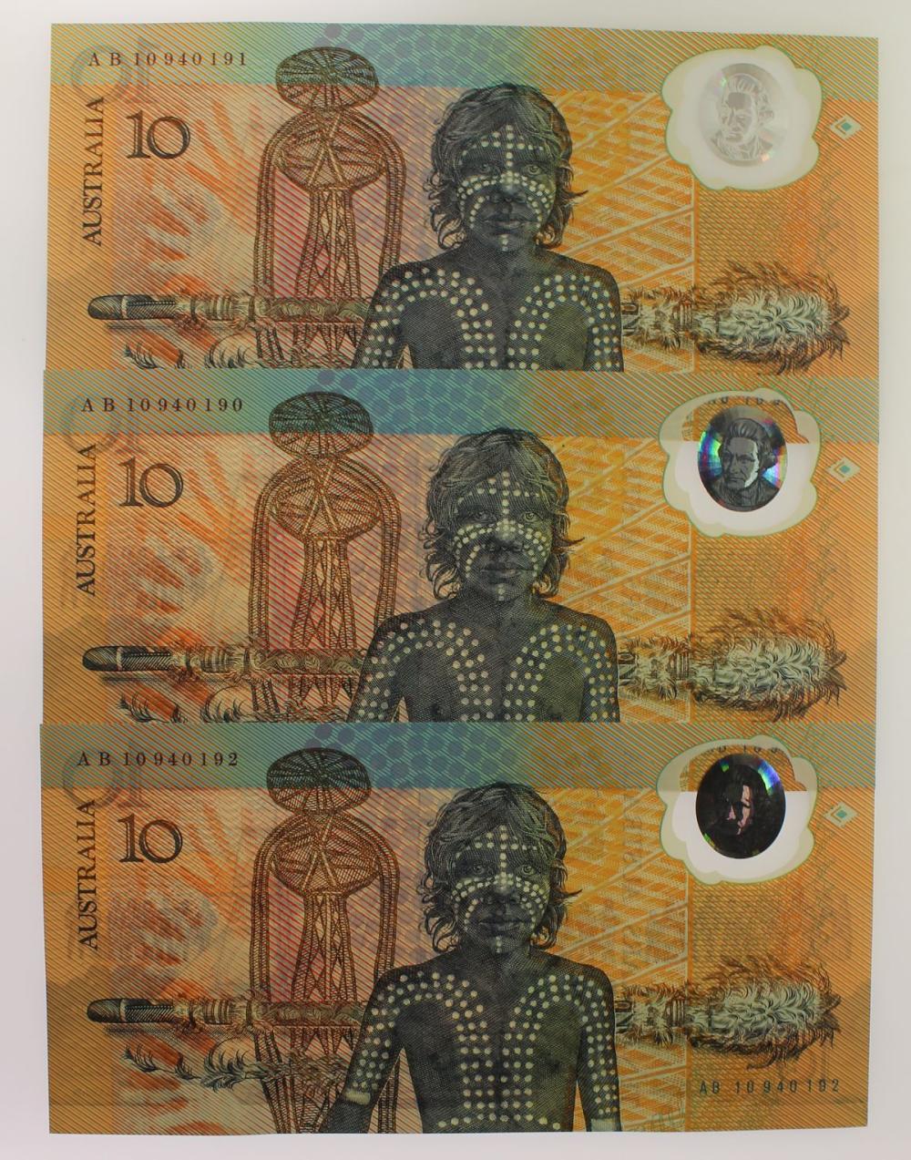Australia 'Johnston - Fraser' AB10 - First Prefix (1st issue) Bicentennial $10, (1988), Uncirculated (Consecutive Trio)