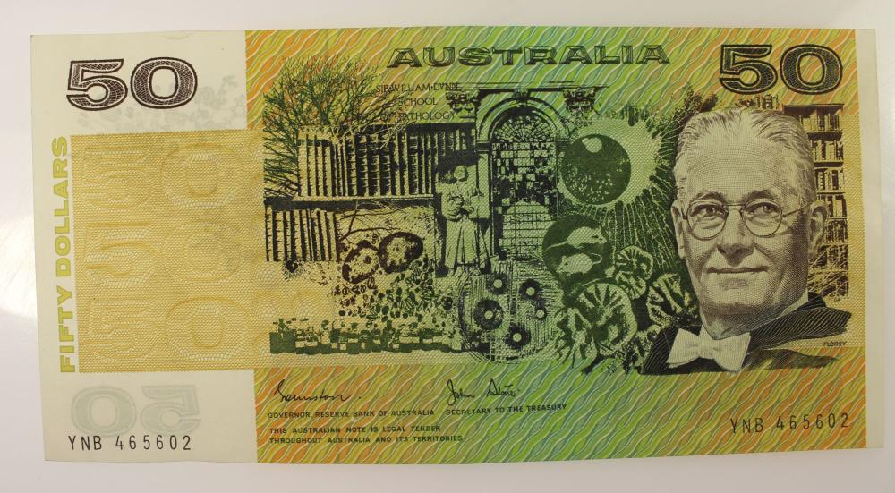 Australia 'Johnston - Stone' $50 (1983), about Uncirculated OPQ