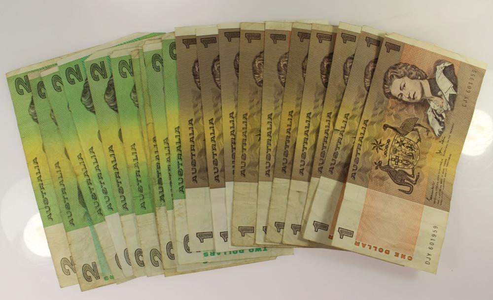 Australia Decimal $1's (10) & $2's (10), Fine or better (20 notes)