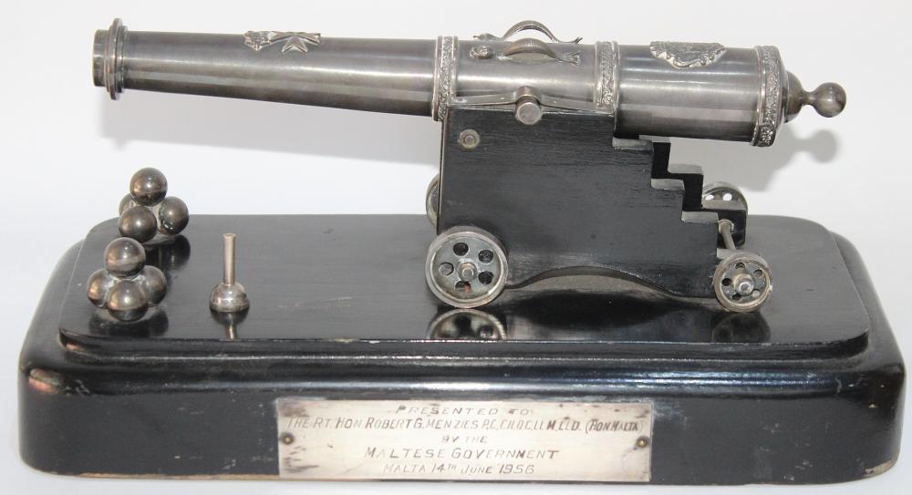 Miniature Naval Cannon in Silver presented to the Australian Prime Minister Sir Robert Menzies by the Maltese Government whilst he was enroute to the Commonwealth Prime Ministers' Conference in London