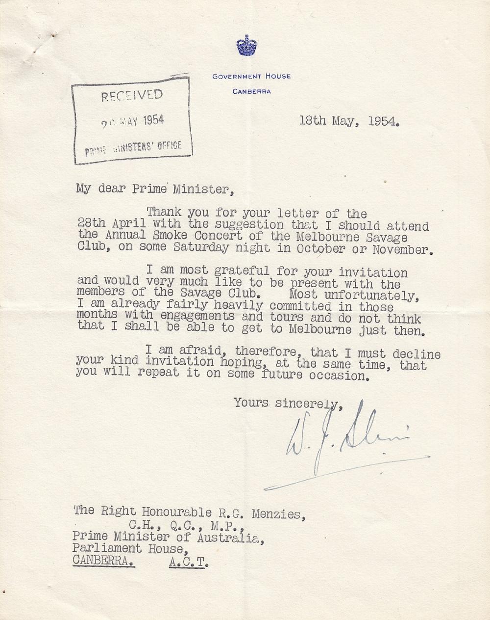 Australia Signed correspondence dated 1954 from the Governor-General of Australia, 'Sir William Slim' and the Prime Minister 'R. G. (Bob) Menzies' discussing an invitation to the 'Annual Smoke Concert' at the 'Melbourne Savage Club', Very Fine