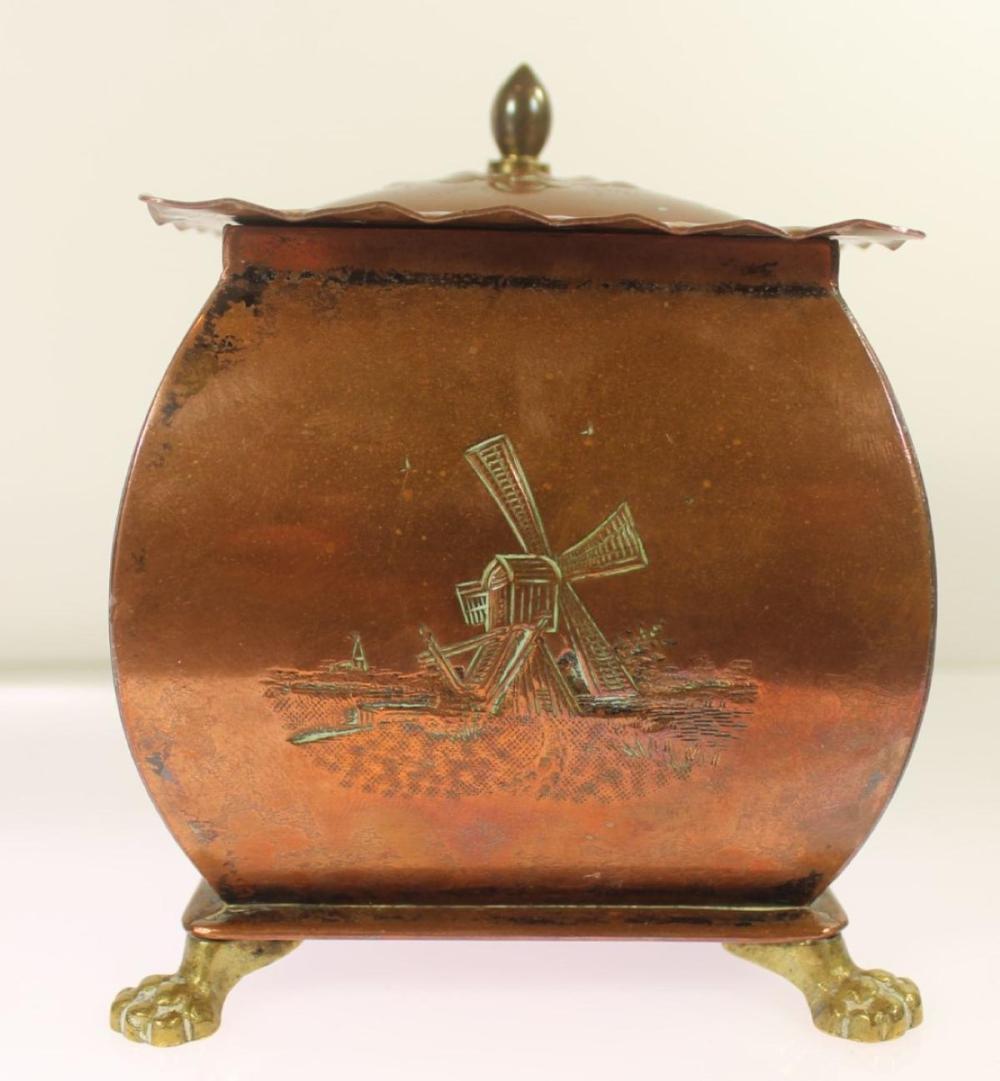 Handcrafted Copper Tea Caddy with & Hinged Lid & Brass Feet