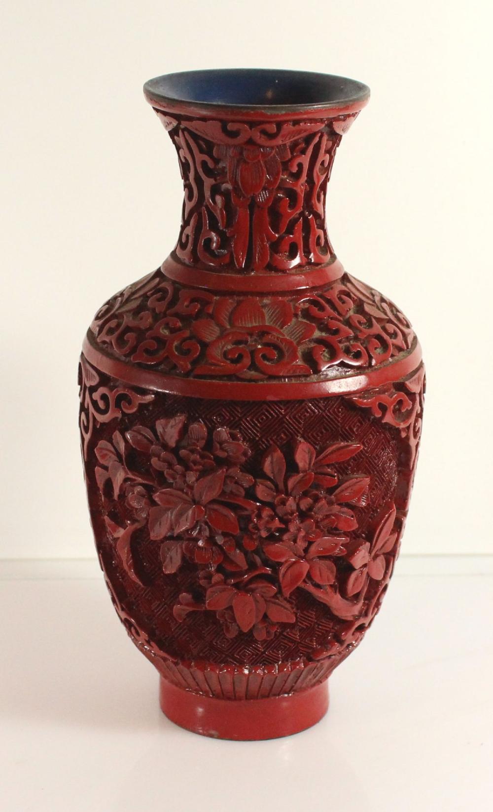 Chinese Cinnabar Lacquer Vase with Blue enamelled interior