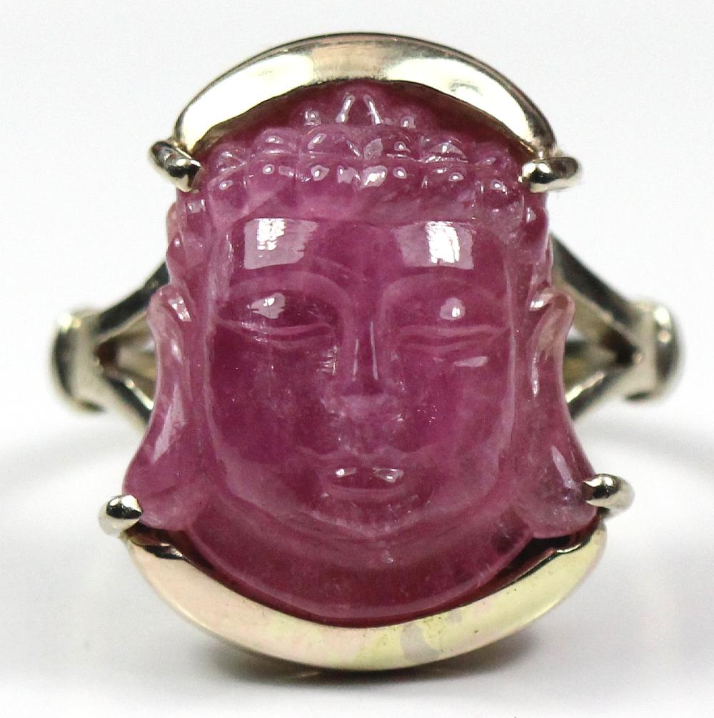 Carved Buddha Head in Pink Tourmaline set in a 9ct Gold Ring