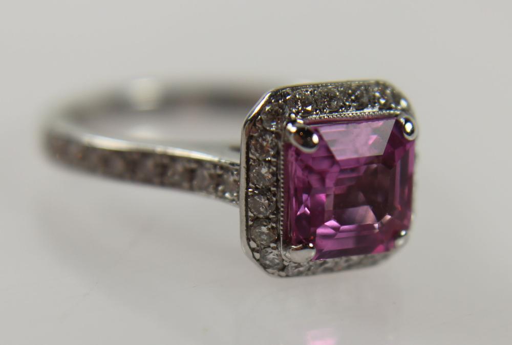 Quality Tiffany-style Pink Sapphire (2.5ct) and Diamond Ring in 18ct White Gold