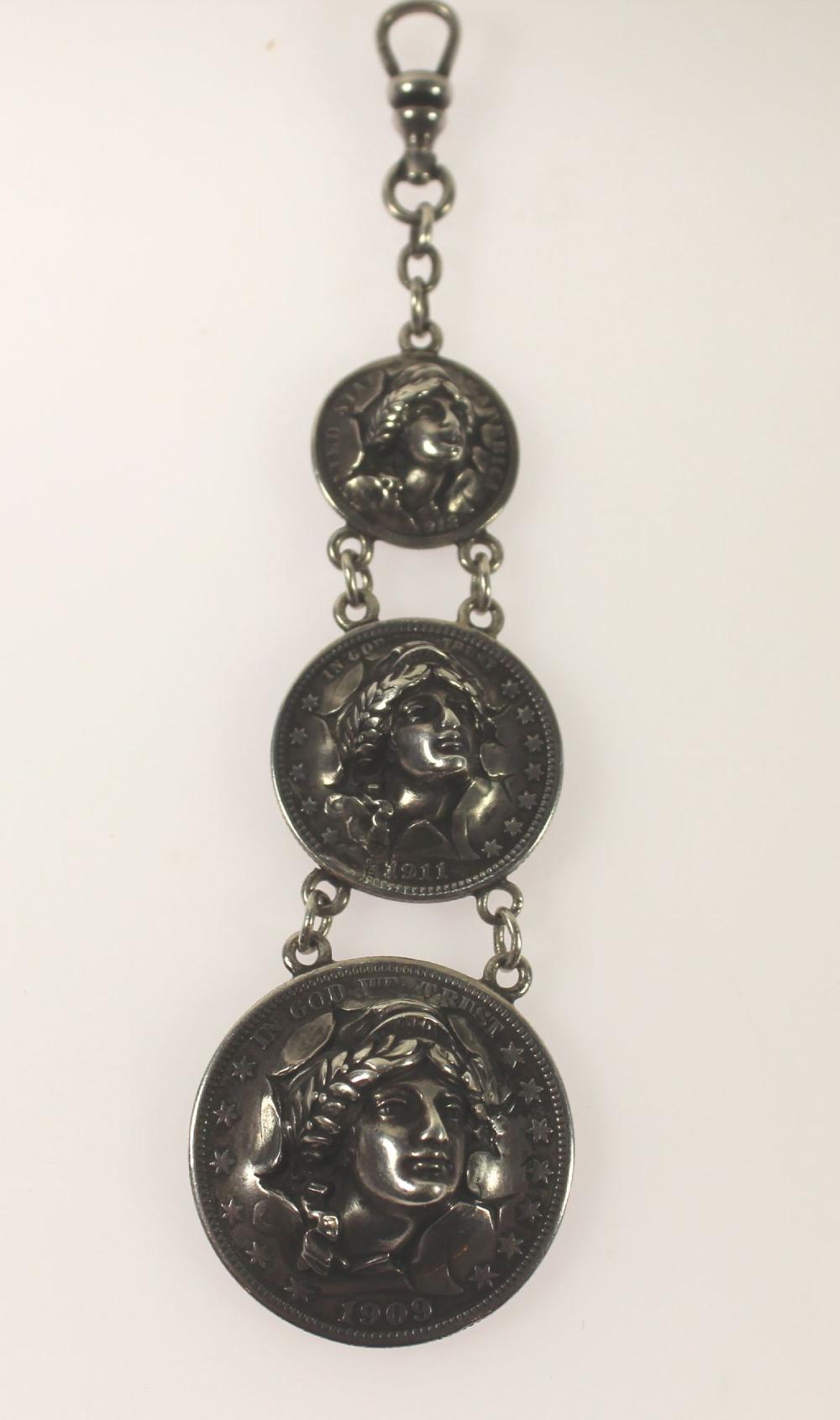 Liberty Head graduated Silver (900) Fob made from a U.S.A. Dime, Quarter Dollar & Half Dollar