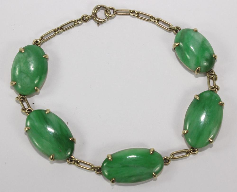Exquisite Green Jade Link Bracelet in 12ct Yellow Gold