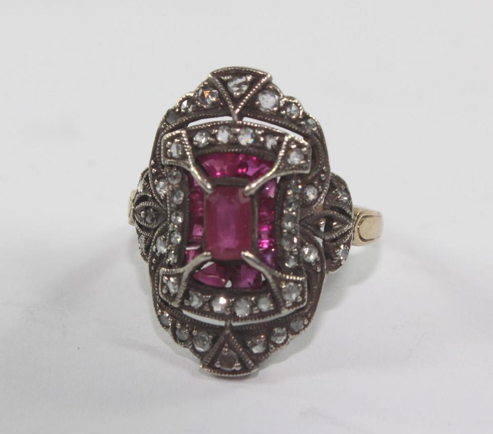 Classic-style Synthetic Ruby & Diamond Ring set in Silver with 9ct Yellow Gold Shank