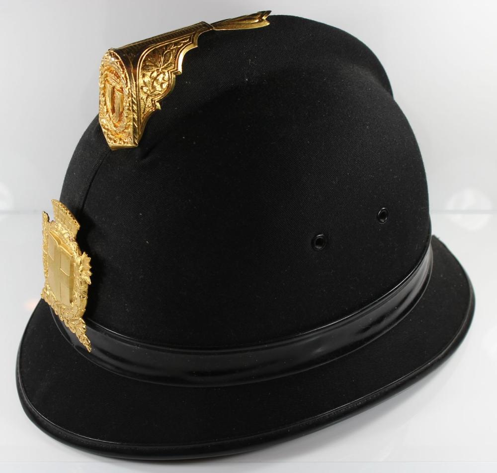 Italian Police Black Canvas Helmet with Brass Badge & Peak, Extremely Fine condition