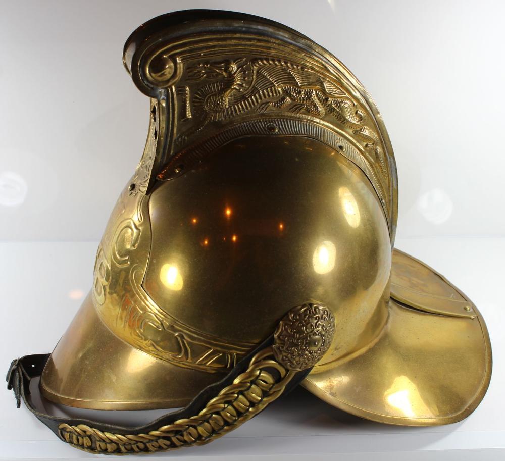Victorian Fire Brigade Helmet in Brass complete with Liner & Chin strap, Extremely Fine condition