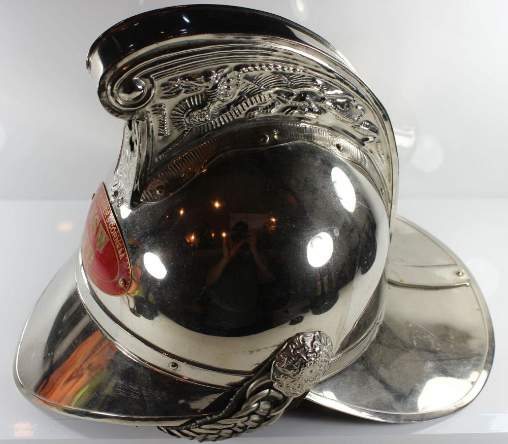 New South Wales Fire Brigade Helmet in Chrome Steel complete with Liner and Chin strap, Extremely Fine condition