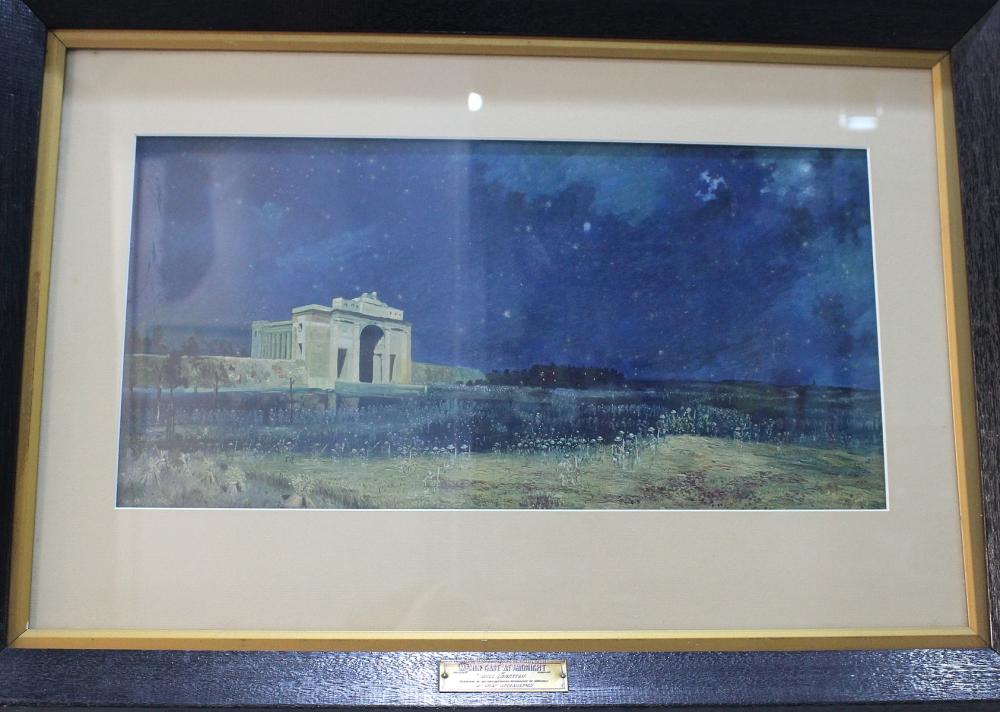 WWI Australia Print of 'Menin Gate at Midnight' by Will Longstaff framed in wood salvaged from the decommissioned H.M.A.S Sydney which was broken up in 1929