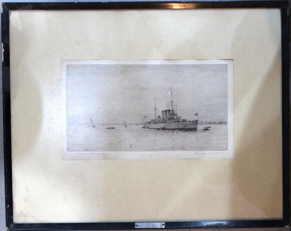 H.M.A.S. 'Australia' c.1955 Original Drypoint Print by Rowland Langmaid (British, 1897-1956)