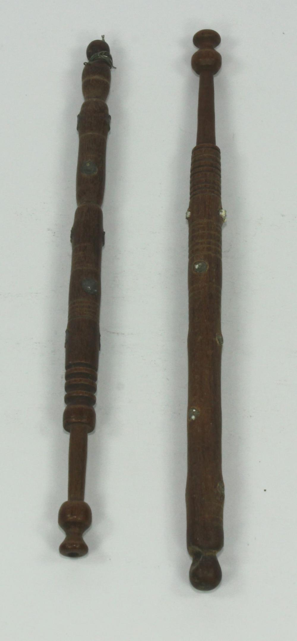 Antique Wooden Sewing Lace Bobbins with Leopard Spot Pewter Studs to Wooden Shank (2 items)