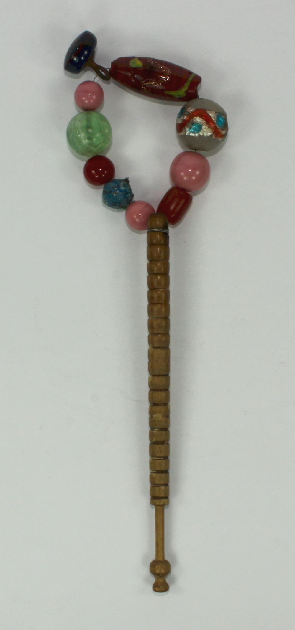 Antique Wooden Sewing Lace Bobbin with large Beaded Spangle