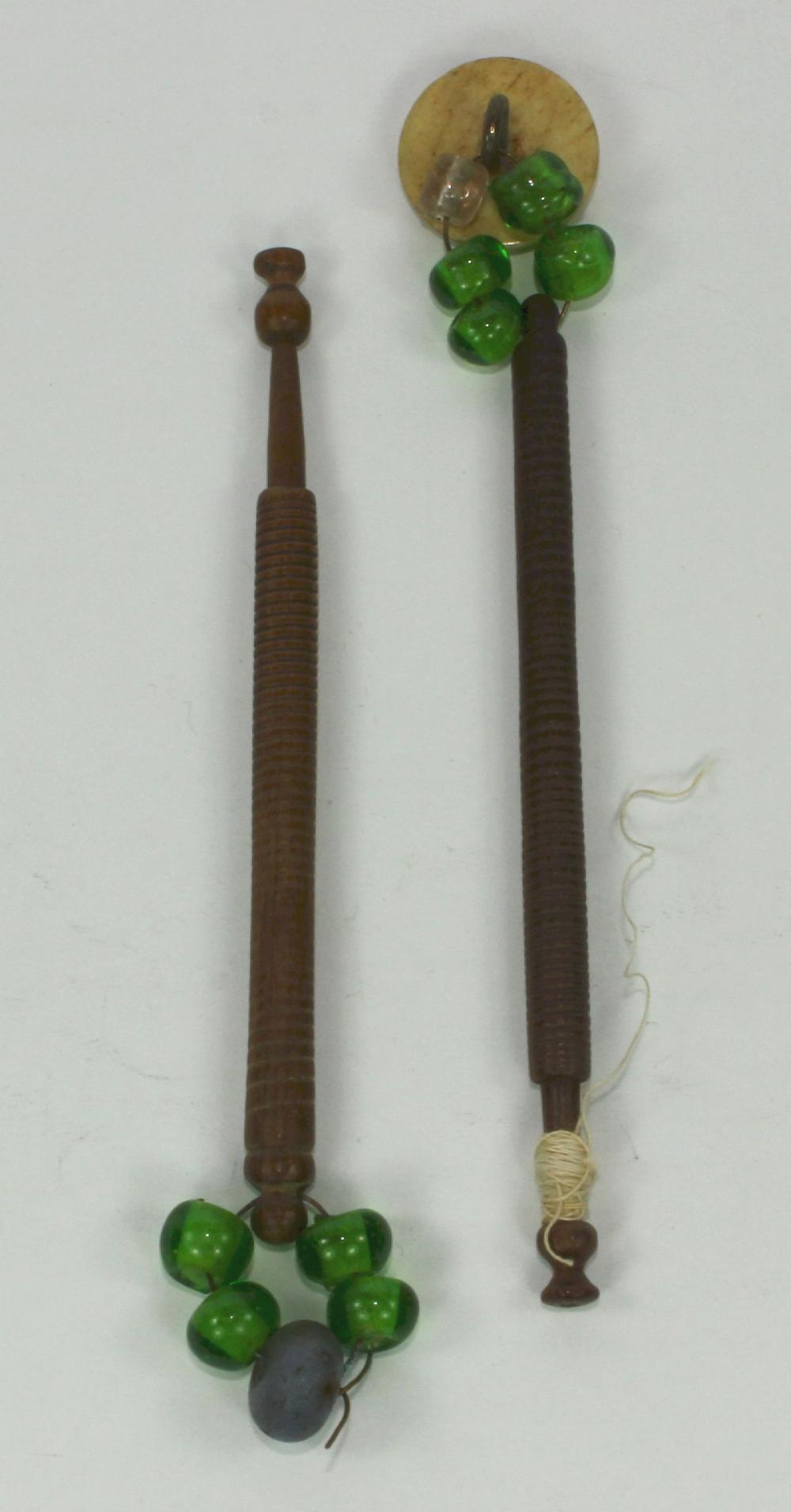 Antique Wooden Sewing Lace Bobbins with Beaded Spangles (2 items)