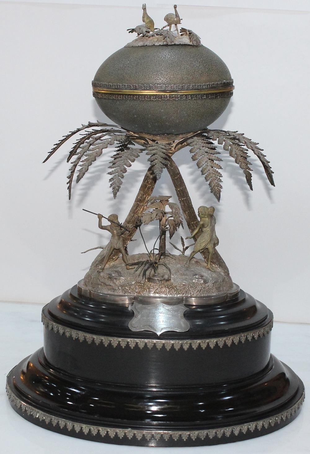 Impressive Colonial-era Mounted Emu Egg on an ebonised wooden base, circa early 1880s
