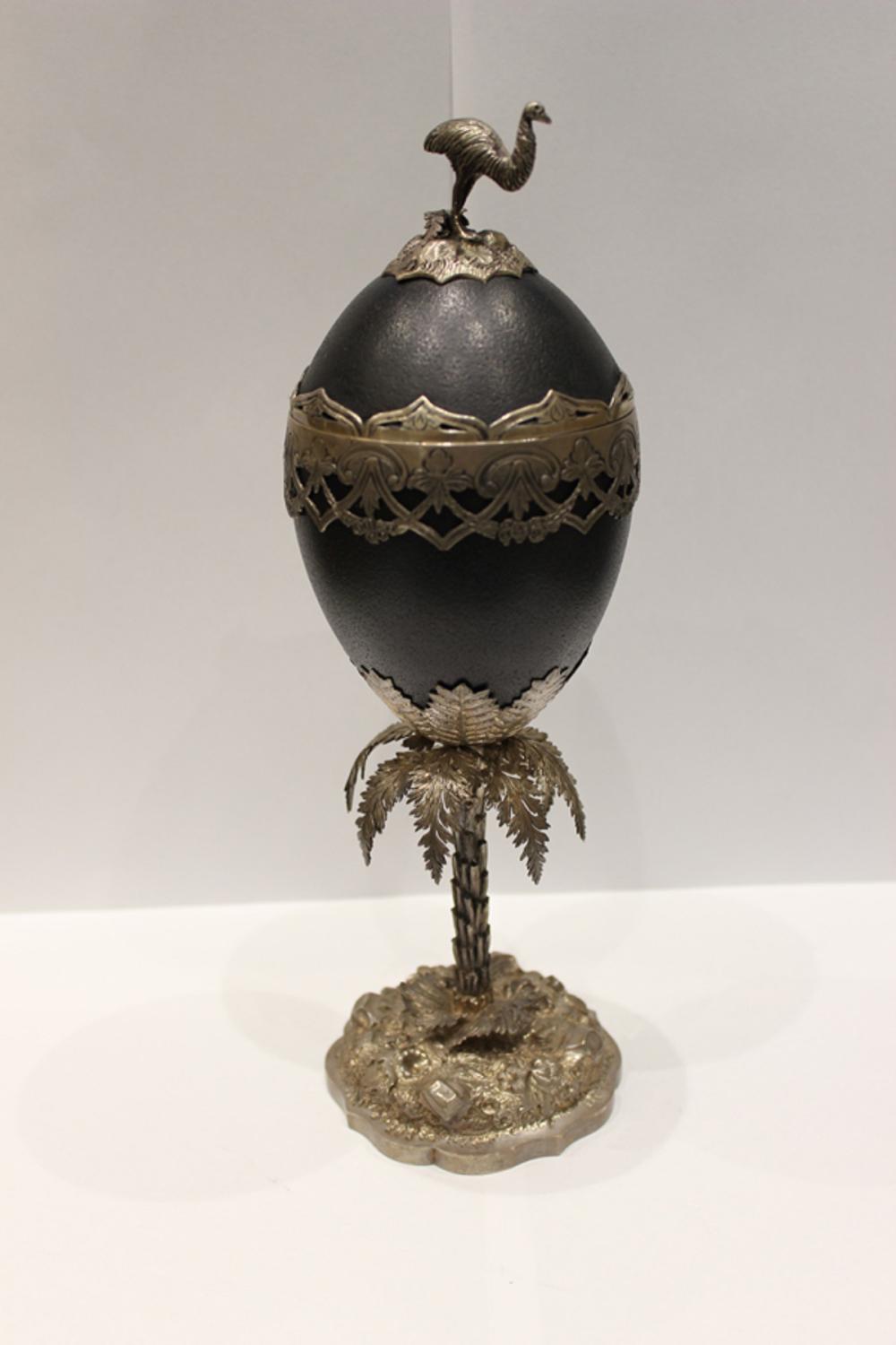 Colonial-era Sterling (925) Silver Mounted Emu Egg in the form of a lidded goblet by William Edwards, Melbourne circa 1860