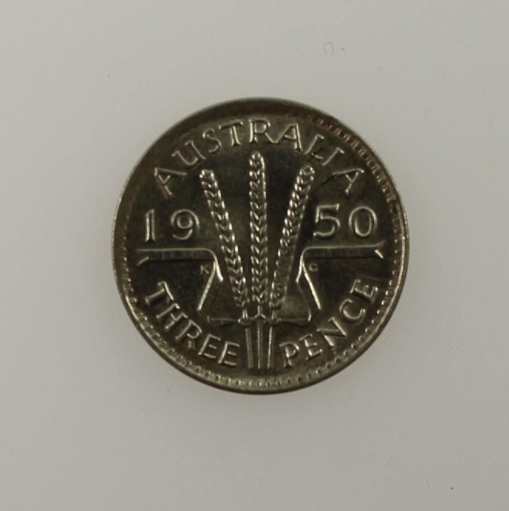 Australia 1950 Threepence, near Gem Uncirculated