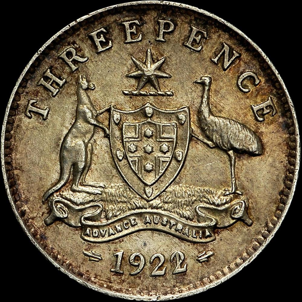 Australia 1922/1 Overdate Threepence, NGC AU58