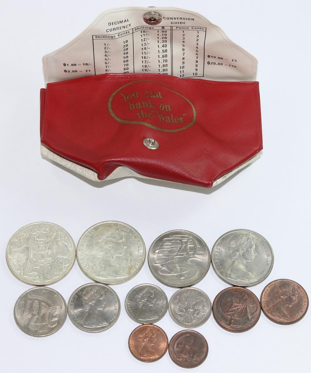 Australia. "You Can Bank on the Wales" Decimal Currency Conversion Guide Wallet (Red) including two sets of 1966 1c to 50c Coins, Uncirculated (12 coins)
