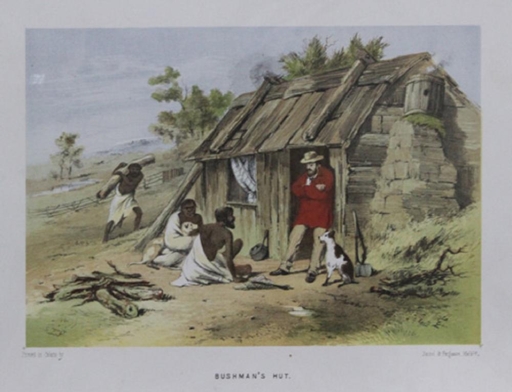 Bushman's Hut,' an original chromolithograph from the 'Australian Sketchbook' by colonial artist Samuel Thomas Gill, circa 1865