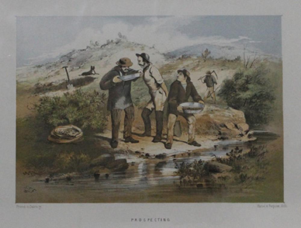 Prospecting,' an original chromolithograph from the 'Australian Sketchbook' by colonial artist Samuel Thomas Gill, circa 1865