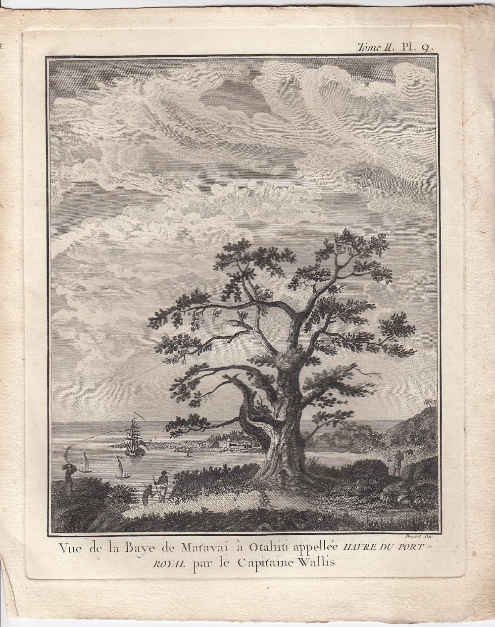 Copperplate engraving of a 'View of Matavai Bay in Otaheite (Tahiti) from One Tree Hill' originally drawn by Captain Wallis