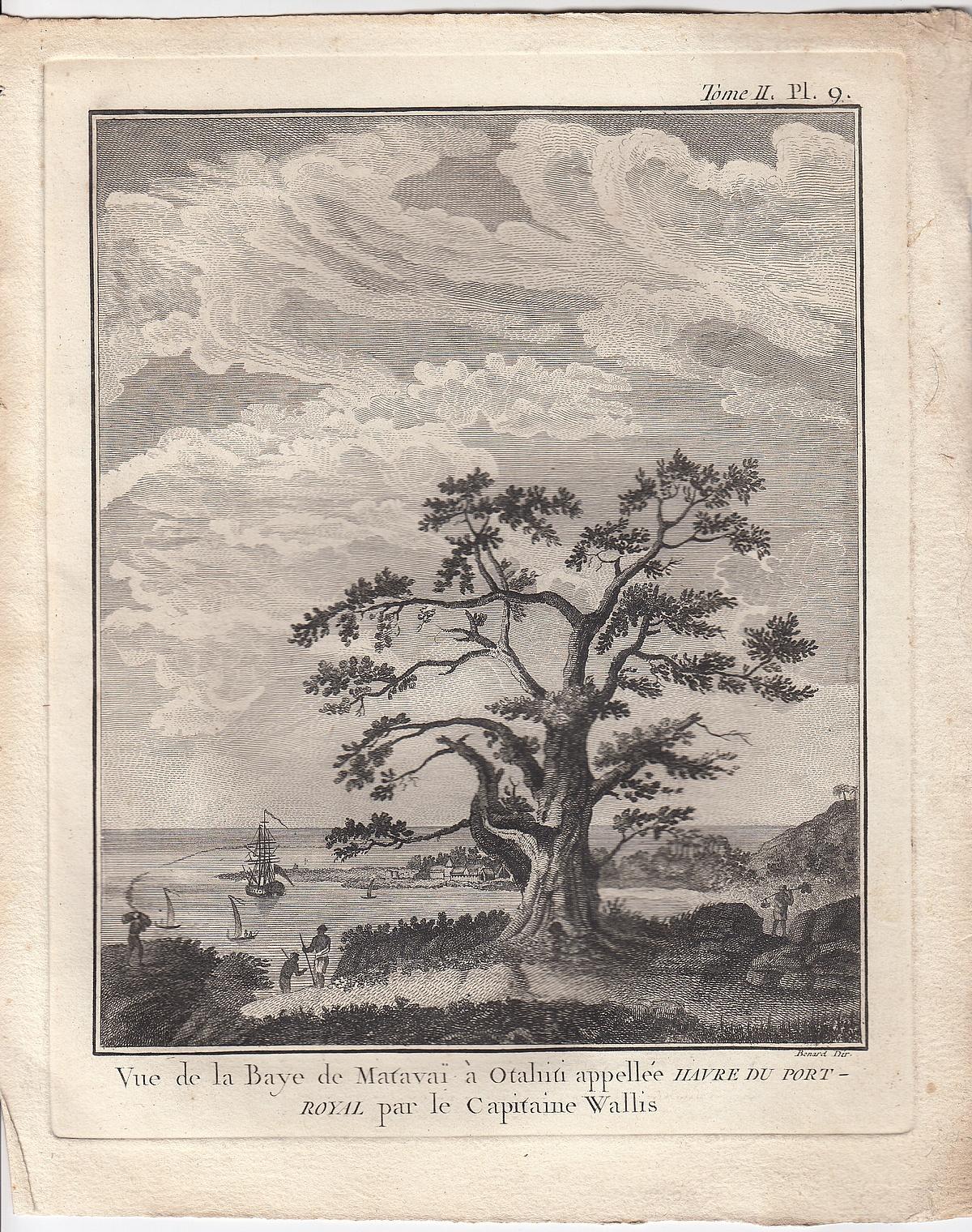 Copperplate engraving of a 'View of Matavai Bay in Otaheite (Tahiti) from One Tree Hill' originally drawn by Captain Wallis