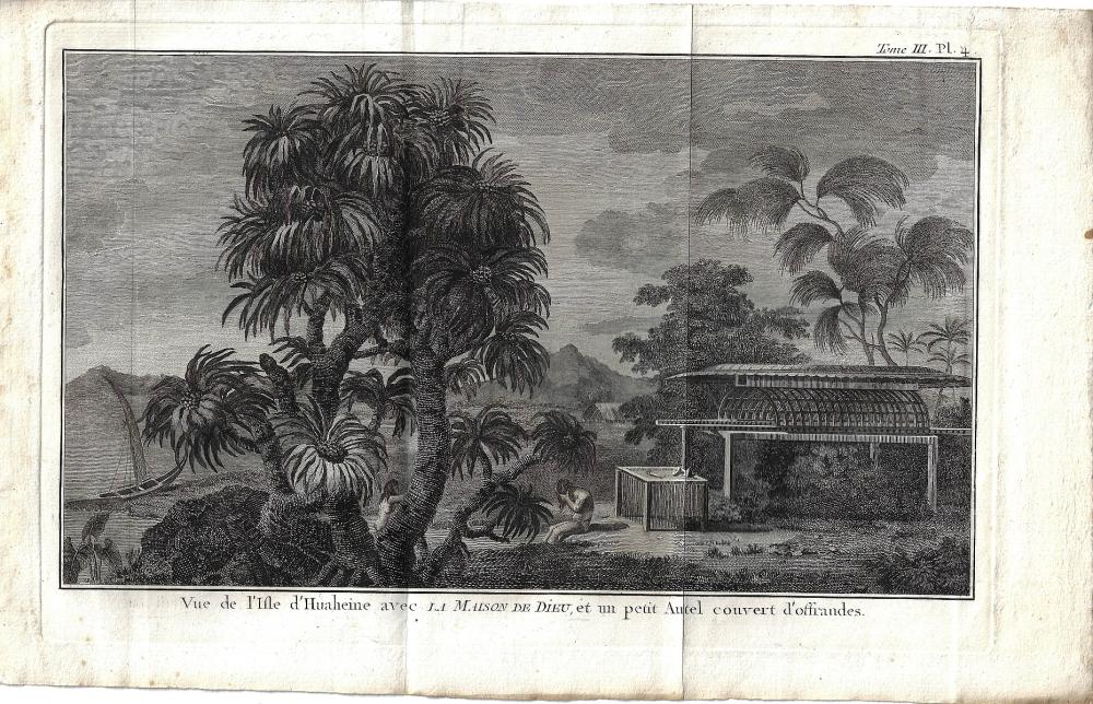 Copperplate engraving of a 'View of the Isle of Huaheine'