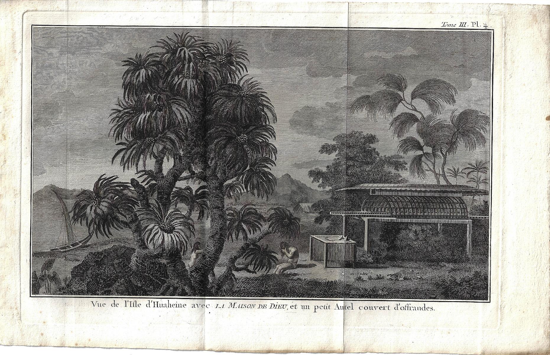 Copperplate engraving of a 'View of the Isle of Huaheine'