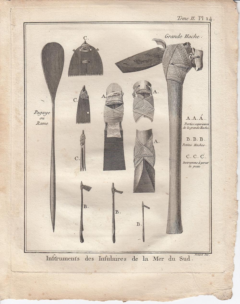 Copperplate engraving of 'Instruments of the South Sea Islanders' originally drawn by William Hodges
