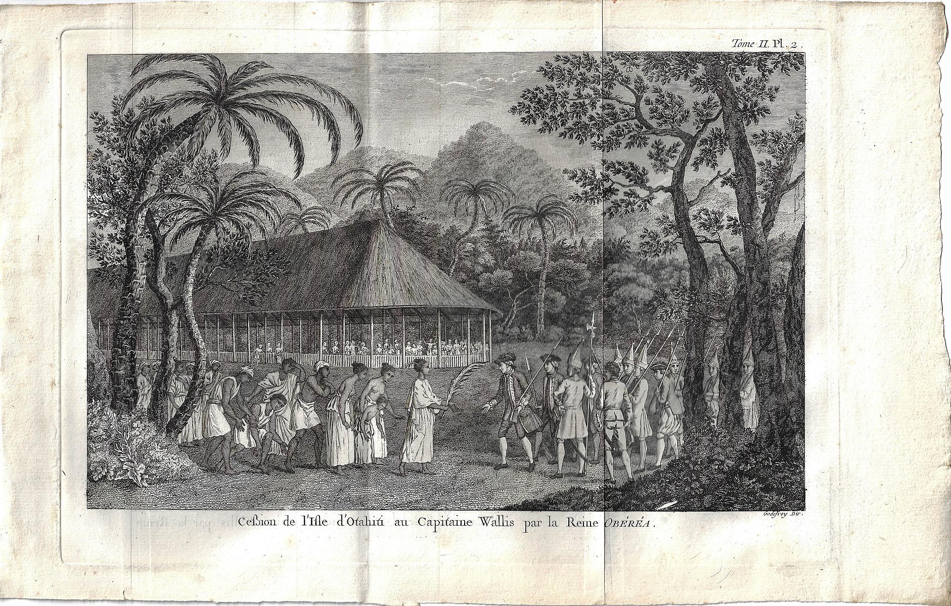Copperplate engraving of a 'Presentation of the Queen of Otahiu to Captain Wallis'