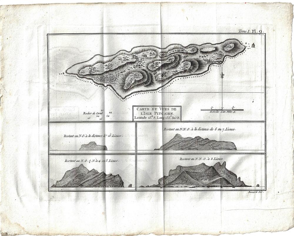 Copperplate engraving of a 'map and views of Pitcairn Island'