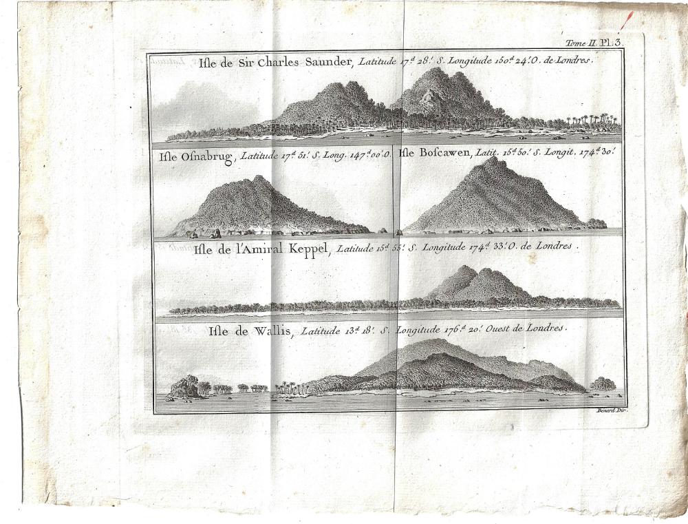 Copperplate engraving of side views of 'Sir Charles Saunders Island, Osnaburg Island (Mehetia, in French Polynesia), Boscawens Island (Tafahi, in Tonga), Admiral Keppel's Island (Niuatoputapu) & Wallis Island (Uvea)