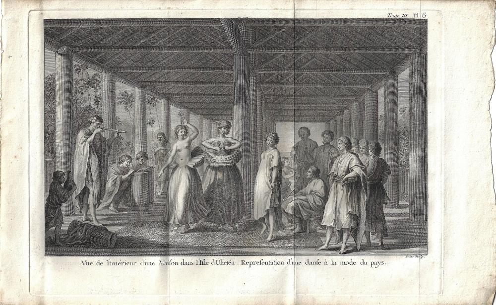 Copperplate engraving of 'the Interior of a House on the Island of Ulietea'