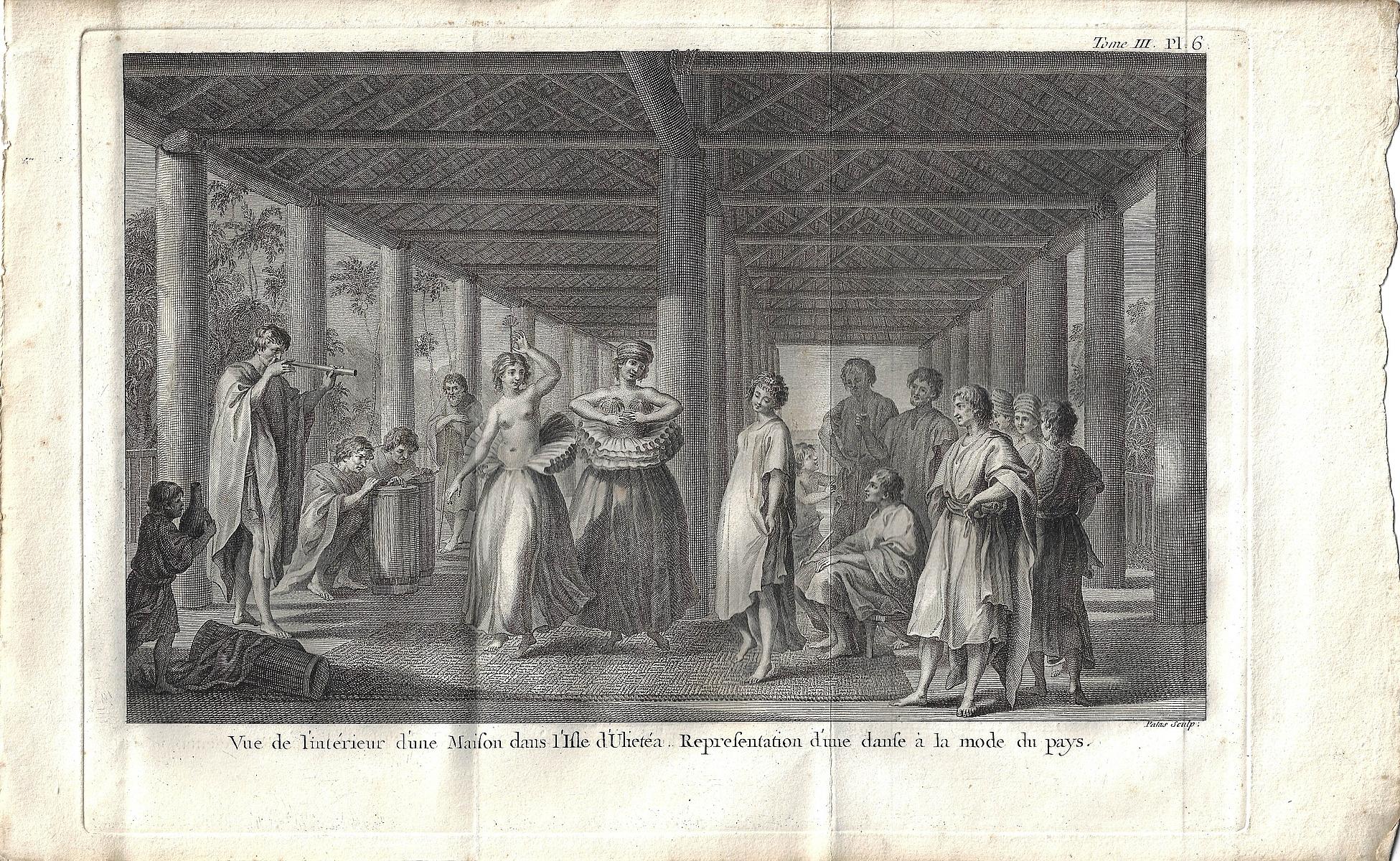 Copperplate engraving of 'the Interior of a House on the Island of Ulietea'