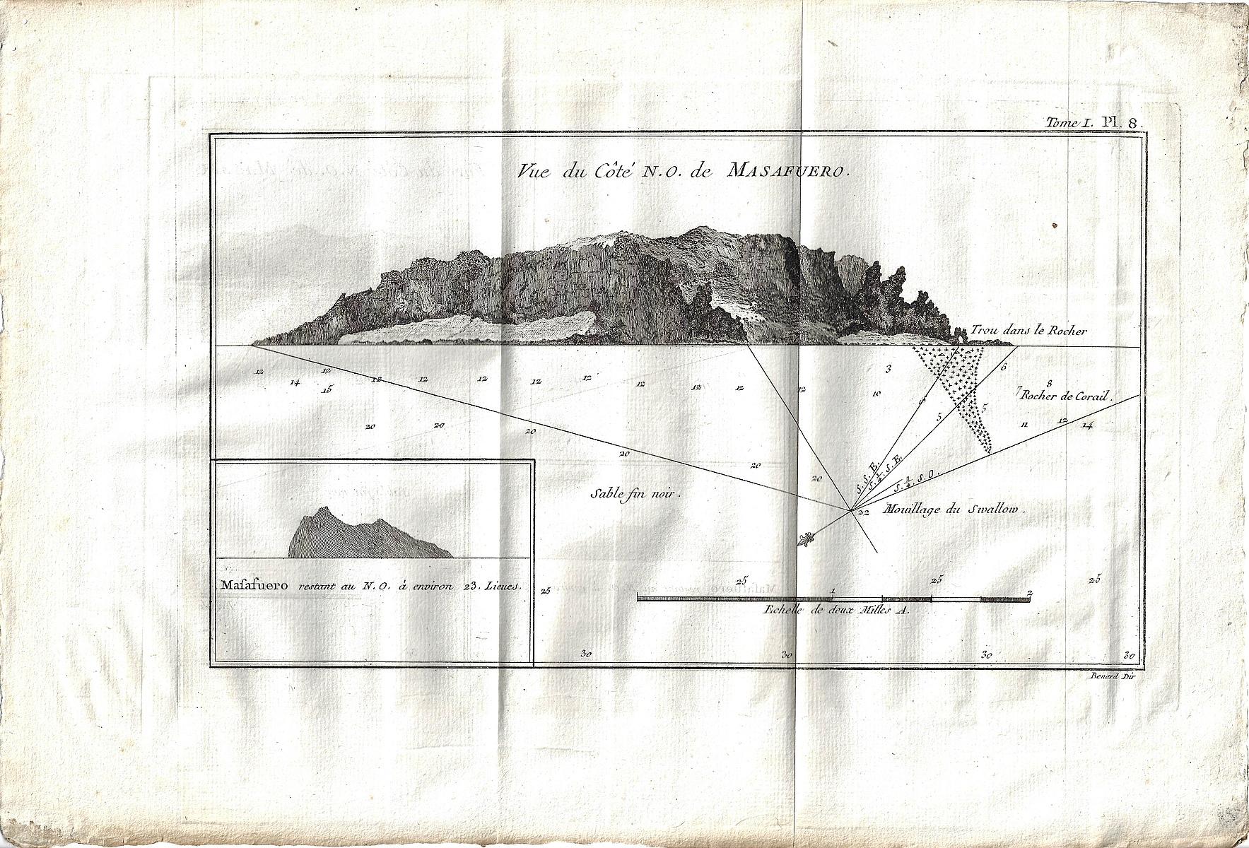 Copperplate engraving of side view 'of the Island of Masafuero'