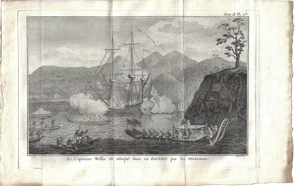 Copperplate engraving of 'Captain Wallis under attack by the Tahitians'