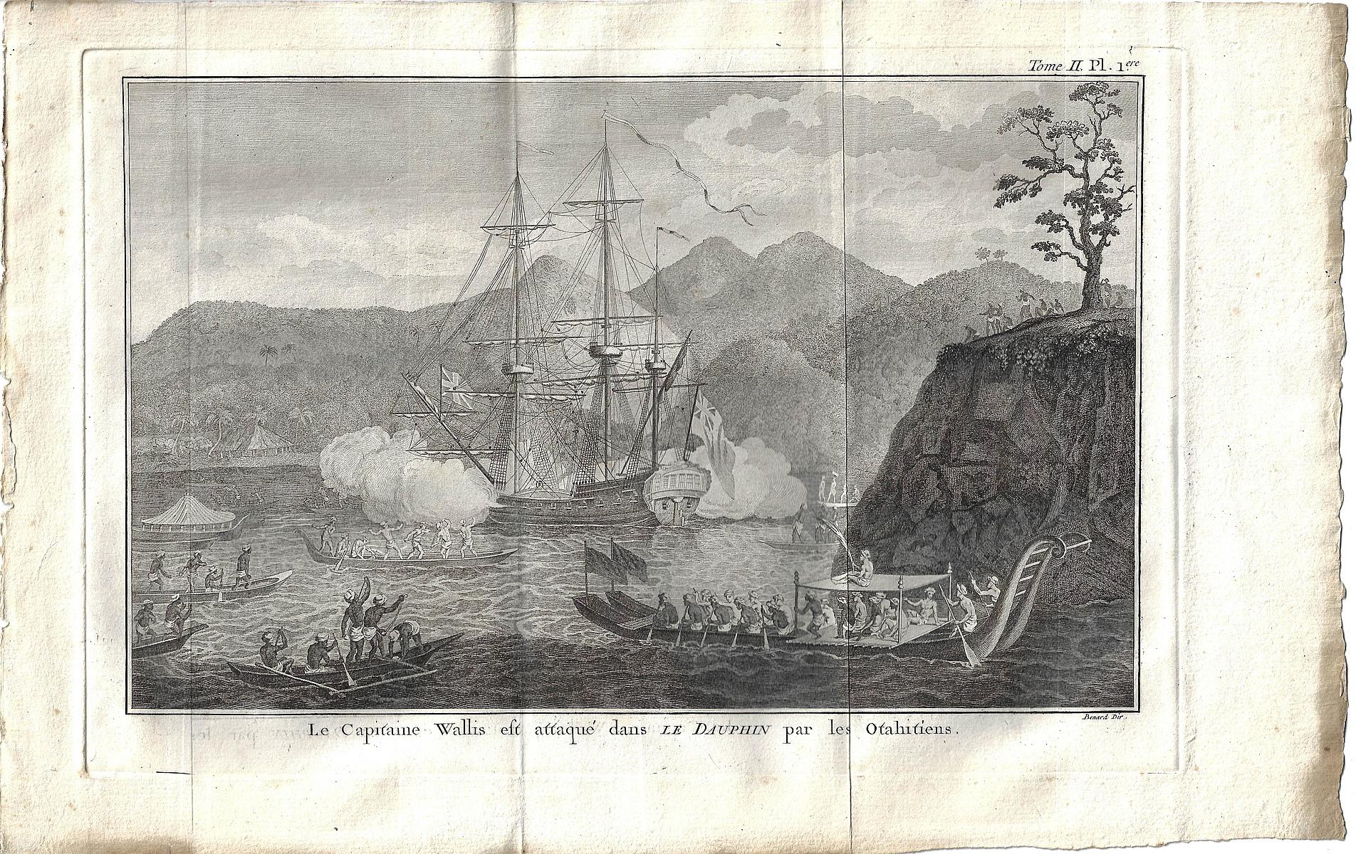 Copperplate engraving of 'Captain Wallis under attack by the Tahitians'
